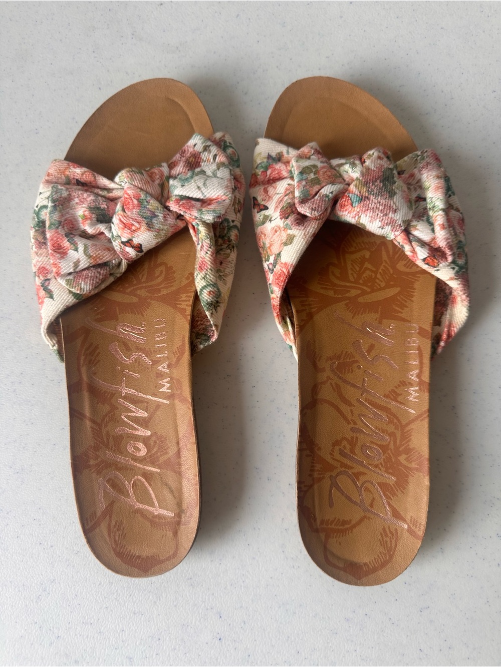 Blowfish Floral Bow Slide Sandals - Pink Floral Size 6.5